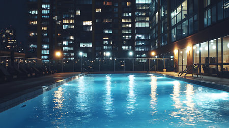 A serene night swim at an urban pool surrounded by city lights creating a calming atmosphere.の素材