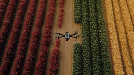 A stunning aerial view of a drone capturing vibrant orchard rows in a picturesque rural landscape.の素材
