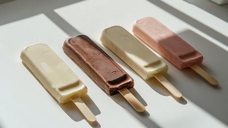 Indulge in a variety of ice cream bars showcased on a kitchen counter perfect for summer cravings.の素材
