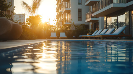 A tranquil sunset at a luxury apartment pool showcasing the perfect evening retreat for relaxation.の素材