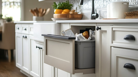 Explore a tidy kitchen drawer designed for waste disposal and organization.の素材