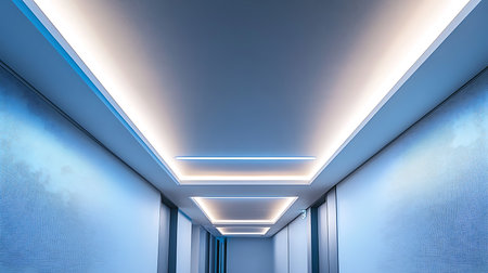 Explore a sleek hallway showcasing contemporary design and innovative lighting.の素材