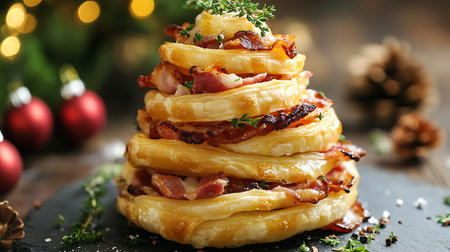 This mouthwatering pastry stack features crispy bacon layered within flaky dough perfect for festive gatherings.の素材