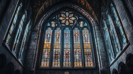Explore the intricate beauty of stained glass windows in a historic cathedral.の素材