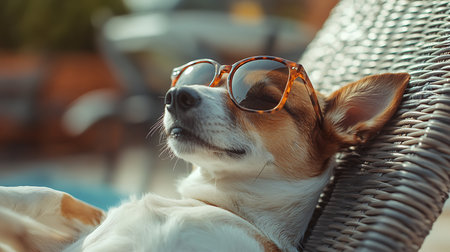 A carefree dog lounges by the pool soaking up the sun in stylish sunglasses embodying pure relaxation.の素材