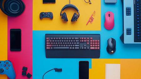 Explore an organized gaming setup featuring colorful gear showcasing a vibrant tech environment.の素材