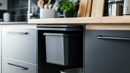 Discover efficient waste management solutions for a modern kitchen promoting sustainability and organization.の素材