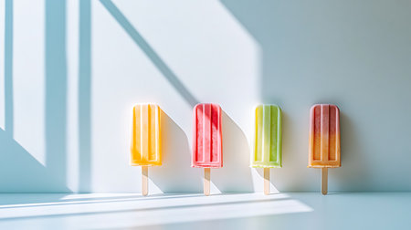 Four vibrant popsicles bask in sunlight capturing the essence of summer in a modern kitchen setting.の素材
