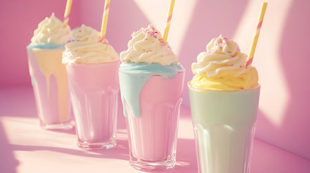 Four vibrant milkshakes in pastel colors topped with whipped cream and sprinkles embodying sweetness.の素材