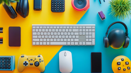 A vibrant flat lay of tech gadgets showcases a modern home office setup filled with colorful accessories.の素材