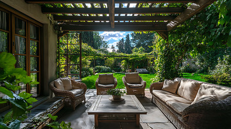 A serene outdoor living area designed for relaxation surrounded by lush greenery.の素材