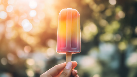 A vibrant popsicle held against a sunlit backdrop evoking summer joy.の素材
