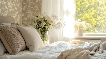 A serene bedroom scene showcasing cozy decor and floral arrangements bathed in bright natural light.の素材