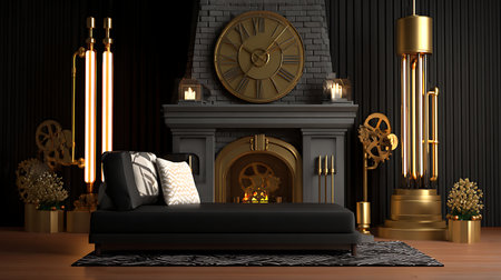 A chic living room featuring a stylish clock and elegant decor perfect for a cozy ambiance.の素材