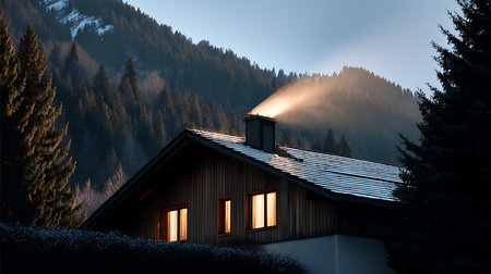 A warm cabin glows softly against a serene mountain backdrop evoking comfort and tranquility.の素材