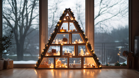 A beautifully lit holiday tree display captures the essence of a cozy winter evening.の素材