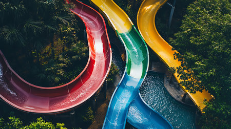 Experience the excitement of colorful water slides in a vibrant amusement park setting.の素材