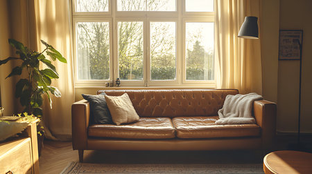 A cozy living room bathed in natural light showcasing a warm and inviting atmosphere perfect for relaxation.の素材