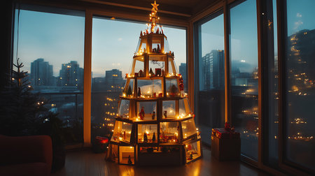 A beautifully decorated Christmas tree illuminates an urban apartment creating a cozy holiday atmosphere.の素材