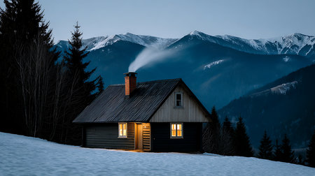 A serene cabin in the snowy mountains warmly lit against a twilight backdrop embodying winter's charm.の素材