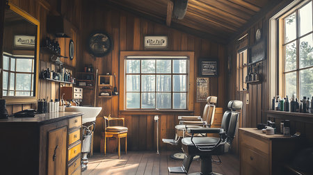 Explore the charm of a rustic barber shop nestled in a cozy cabin atmosphere.の素材