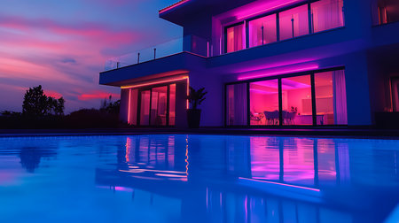 A stunning modern villa glows in vibrant colors at dusk reflecting luxury and relaxation by the pool.の素材