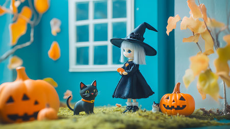 A charming witch doll enjoys Halloween with her playful cat and pumpkins in a cozy home.の素材