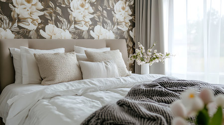 A beautifully designed bedroom featuring soft linens and elegant floral wallpaper.の素材