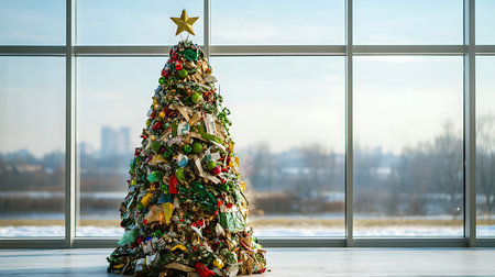 An artistic Christmas tree made from recycled materials shines in a modern urban space.の素材