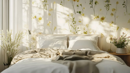 A serene bedroom showcasing floral wallpaper and soft textiles perfect for relaxation.の素材