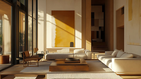Explore a serene modern living room with natural light minimal decor and stylish furniture.の素材
