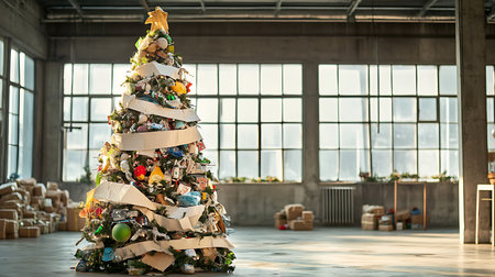 A unique Christmas tree made of recycled materials showcases creativity and sustainability in an urban setting.の素材