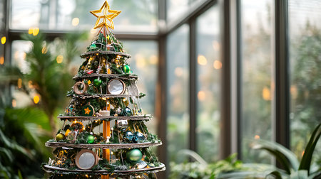 A beautifully adorned Christmas tree in a lush botanical garden creates a festive and enchanting holiday scene.の素材