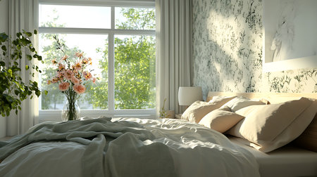 A bright cozy bedroom with floral decor and sunlight streaming through the window creating a serene atmosphere.の素材
