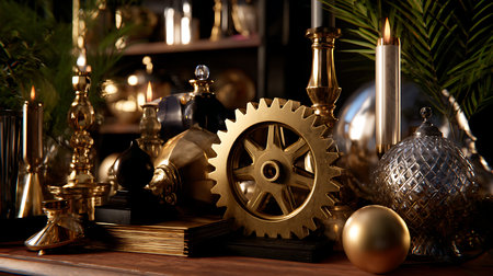 Explore the rich details of vintage golden gears and decor in this elegant still life.の素材