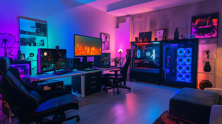 Explore a vibrant gaming setup featuring colorful LED lighting and modern furniture.の素材