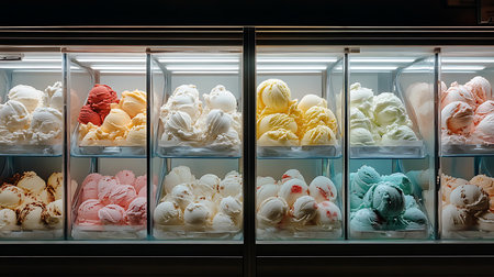 Explore a vibrant display of assorted ice cream flavors showcasing a delightful treat in a cozy shop.の素材