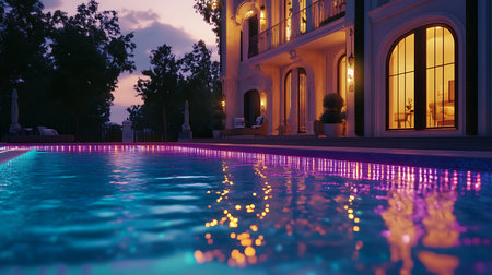 A tranquil evening by the pool showcasing the serene beauty of a luxurious home and peaceful surroundings.の素材