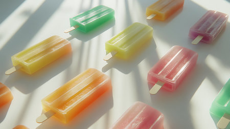Vibrant ice pops arranged in sunlight showcase summer's refreshing essence.の素材