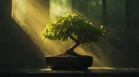 A beautifully lit bonsai tree thrives in an indoor studio embodying tranquility and nature's artistry.の素材