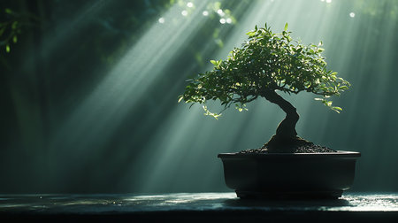 A stunning bonsai tree thrives in sunlight showcasing nature's beauty and tranquility.の素材