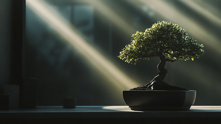 A serene bonsai tree illuminated by soft rays of light symbolizing growth and tranquility.の素材
