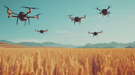 Drones enhance farming efficiency by monitoring crops and optimizing resources in sunny fields.の素材