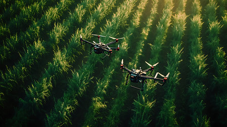 Drones enhance farming efficiency by surveying crops from above ensuring optimal growth.の素材
