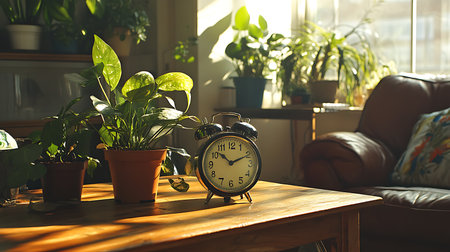 A tranquil scene showcasing plants and a clock embodying a peaceful morning vibe.の素材