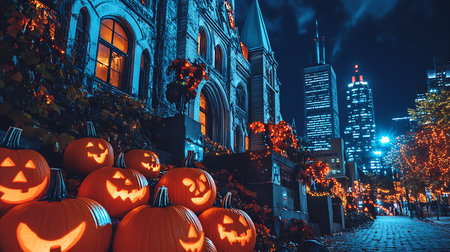 A vibrant city decorated for Halloween showcasing glowing pumpkins against a night skyline.の素材