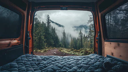 Experience a tranquil getaway from everyday life surrounded by misty forests and cozy van comforts.の素材