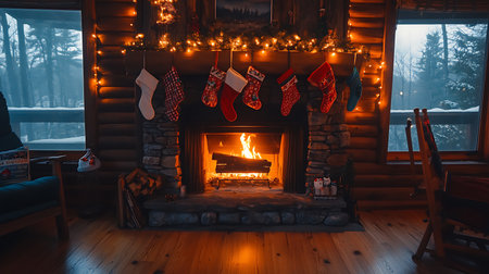 A festive cabin fireplace adorned with stockings creating a warm winter ambiance.の素材