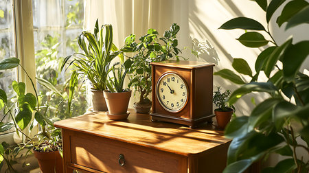 A serene scene of a vintage clock surrounded by plants capturing the essence of a cozy home.の素材