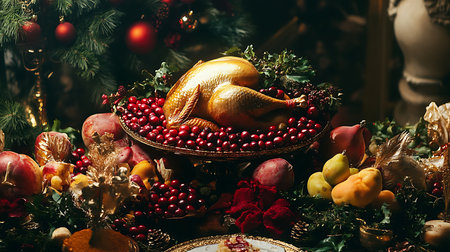 A lavish feast featuring a golden turkey surrounded by rich seasonal fruits perfect for holiday celebrations.の素材